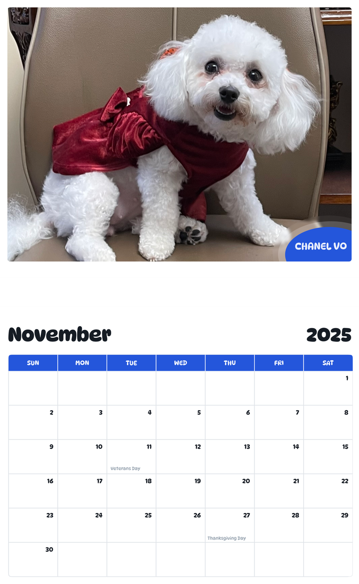 July 2025 - June 2026 Chanel Vo - Pawidols Pet Calendar