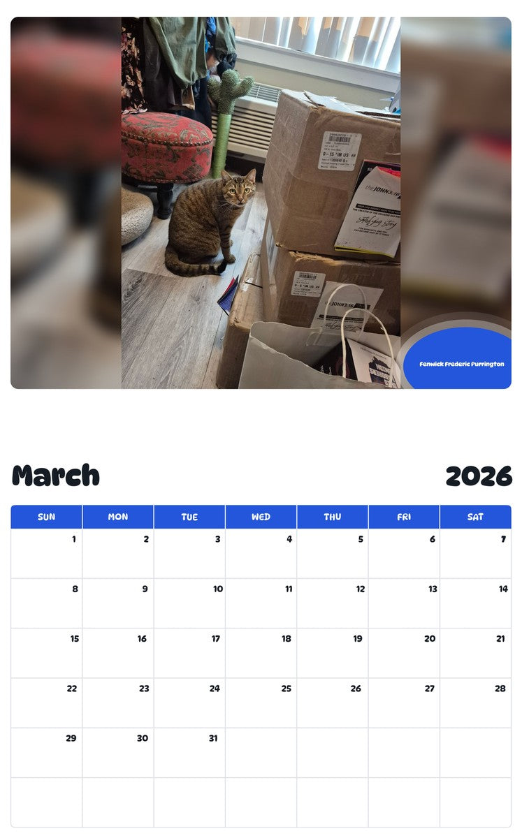 November 2025 - October 2026 Fenwick Frederic Purrington - Pawidols Pet Calendar