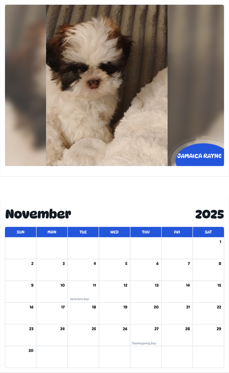 July 2025 - June 2026 Jamaica Rayne - Pawidols Pet Calendar