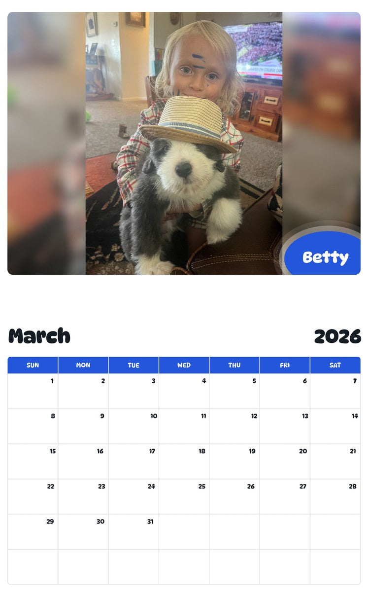 November 2025 - October 2026 Betty - Pawidols Pet Calendar