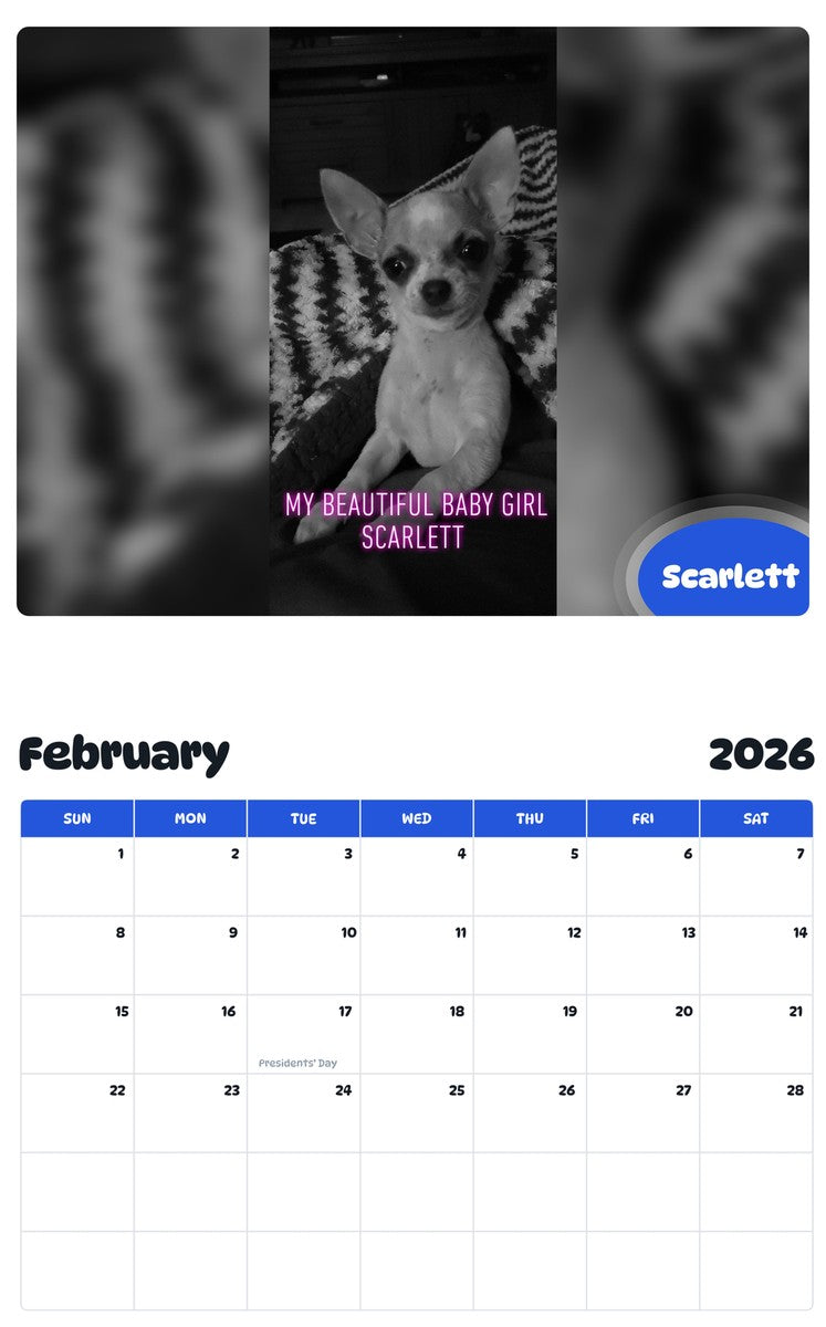 October 2025 - September 2026 Scarlett - Pawidols Pet Calendar