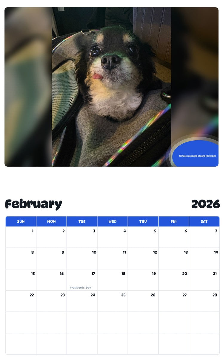 October 2025 - September 2026 Princess consuela banana hammock - Pawidols Pet Calendar