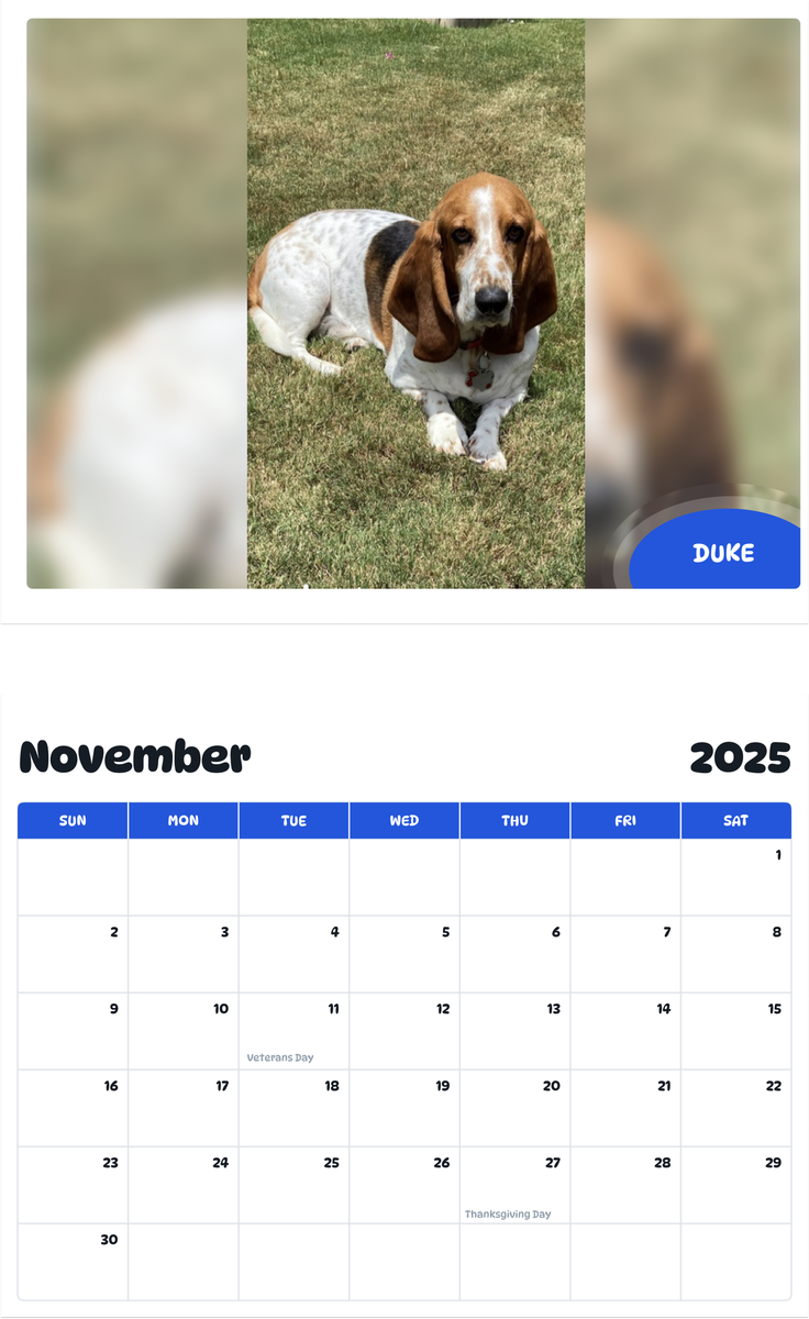 July 2025 - June 2026 Duke - Pawidols Pet Calendar