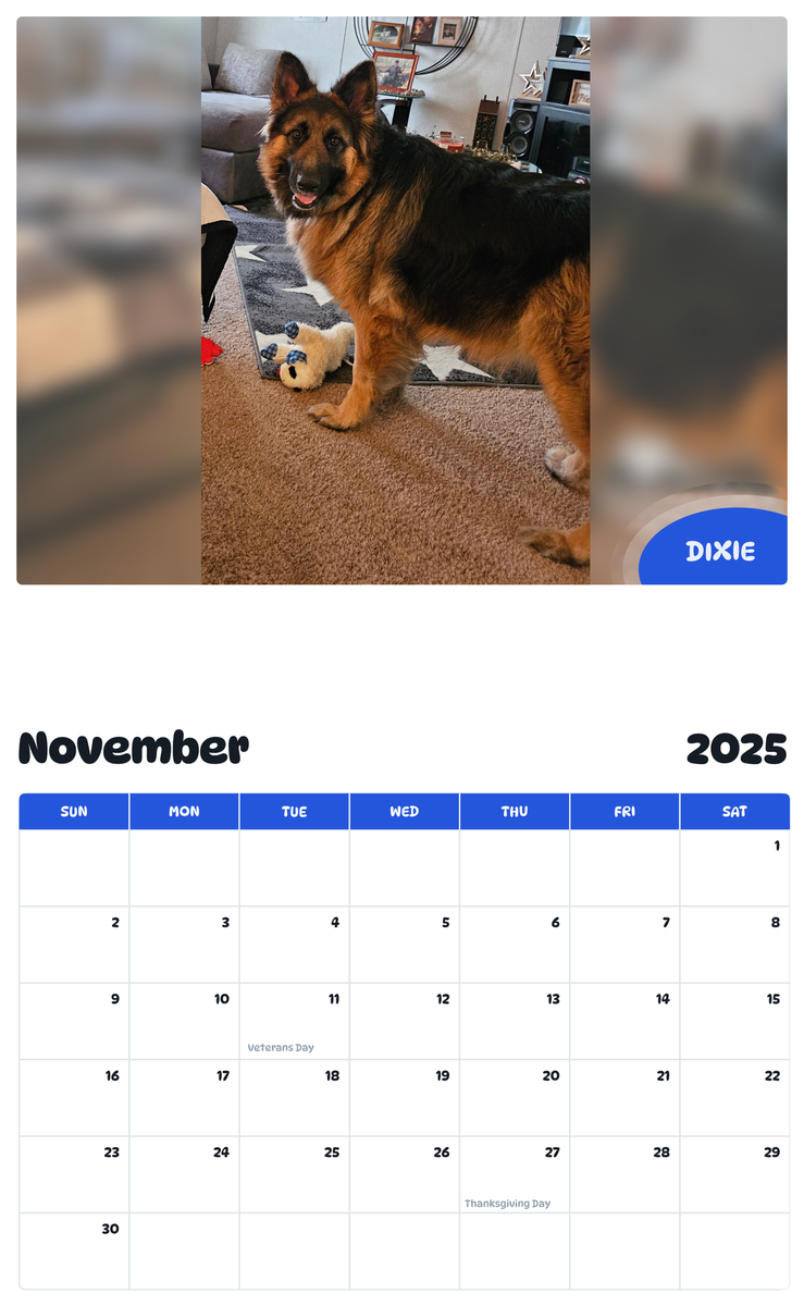 July 2025 - June 2026 Dixie - Pawidols Pet Calendar