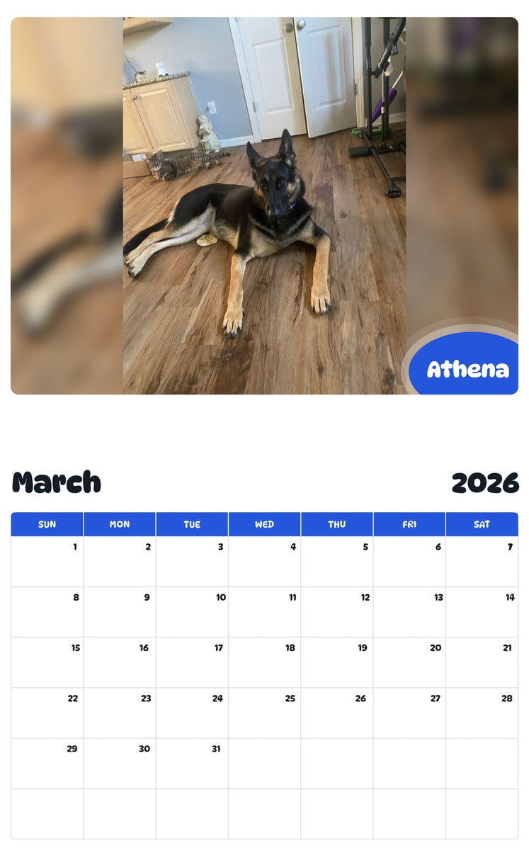November 2025 - October 2026 Athena - Pawidols Pet Calendar