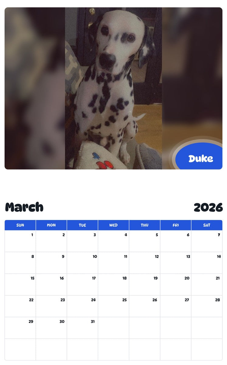 November 2025 - October 2026 Duke - Pawidols Pet Calendar