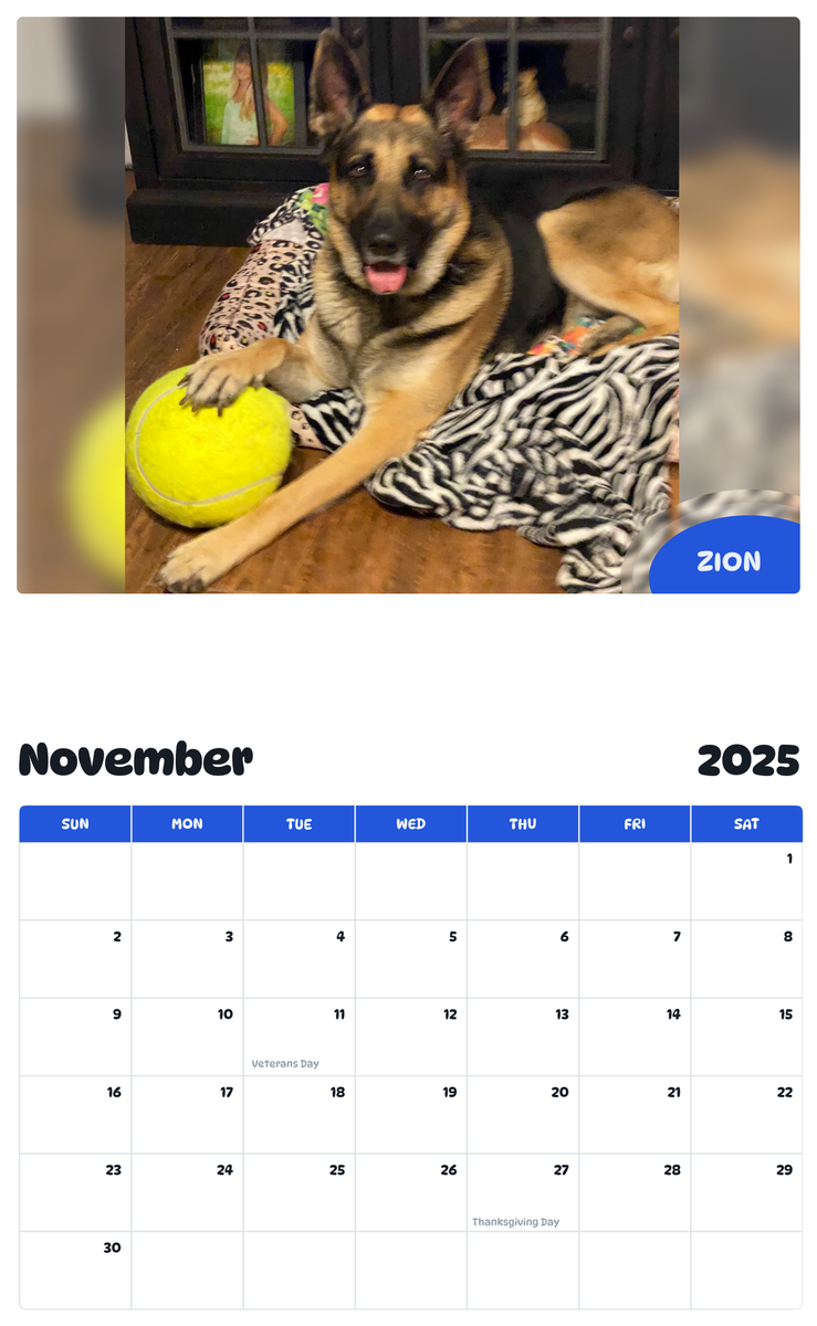 July 2025 - June 2026 Zion - Pawidols Pet Calendar