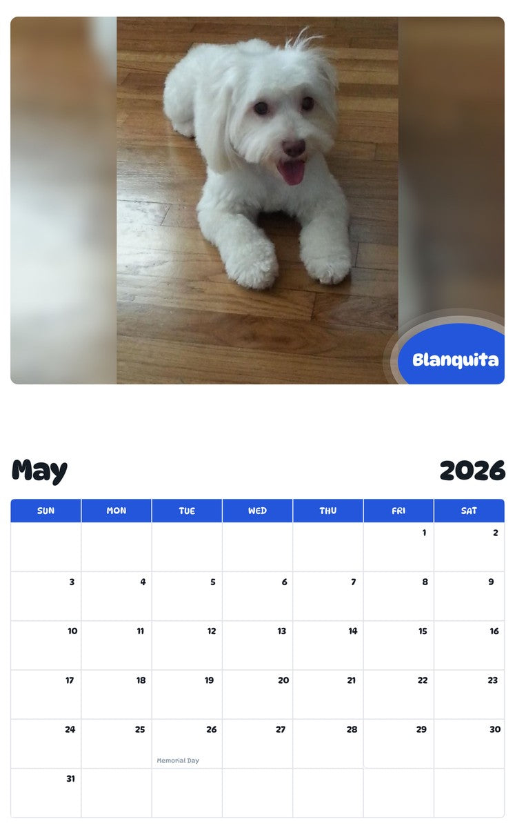 2026 - 2027 Blanquita - Pawidols Pet Calendar