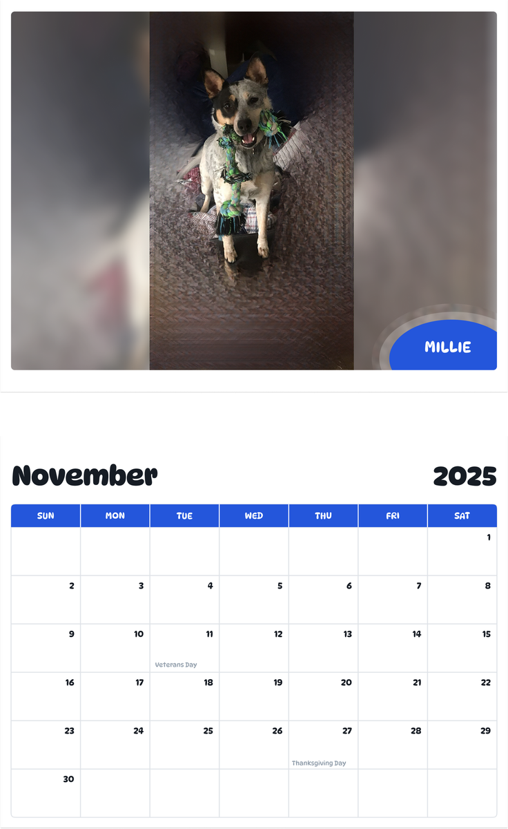 July 2025 - June 2026 Millie - Pawidols Pet Calendar