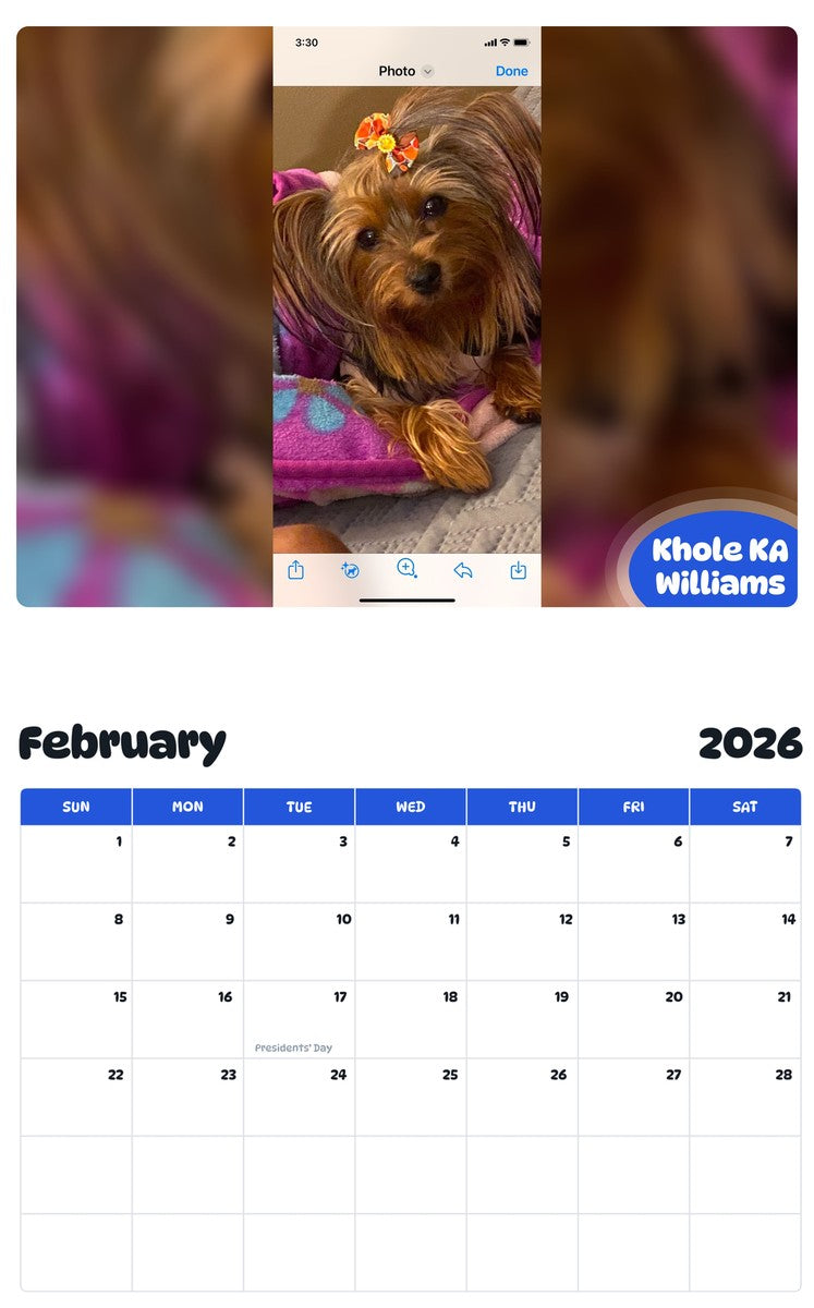 October 2025 - September 2026 Khole KA Williams - Pawidols Pet Calendar