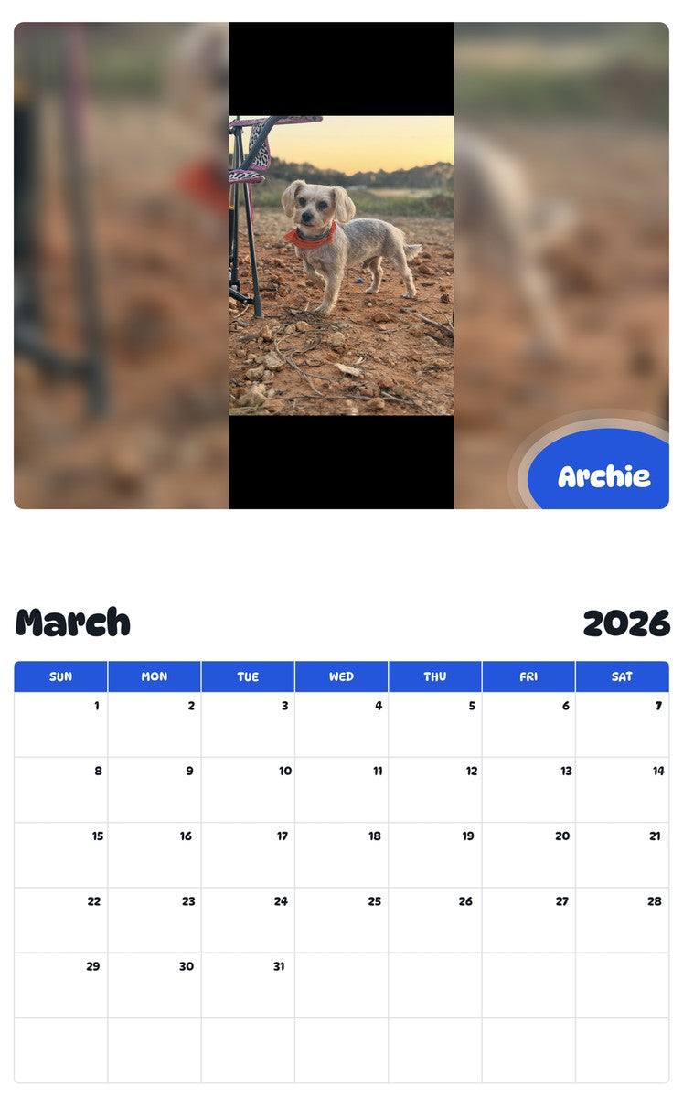 November 2025 - October 2026 Archie - Pawidols Pet Calendar