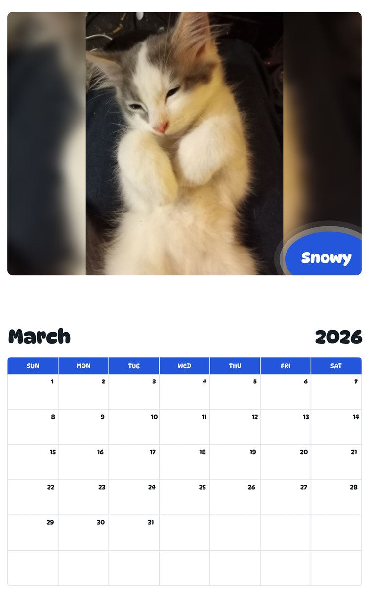November 2025 - October 2026 Snowy - Pawidols Pet Calendar
