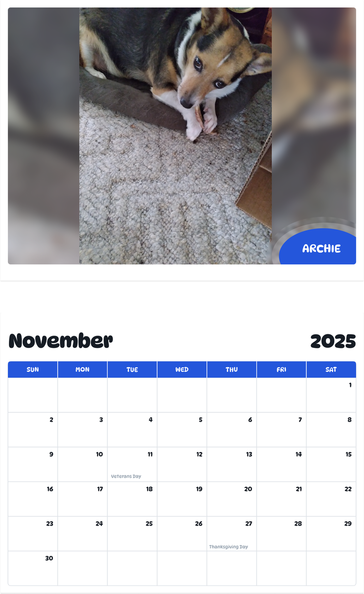 July 2025 - June 2026 Archie - Pawidols Pet Calendar