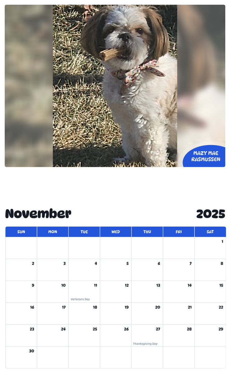 July 2025 - June 2026 Mazy Mae Rasmussen - Pawidols Pet Calendar