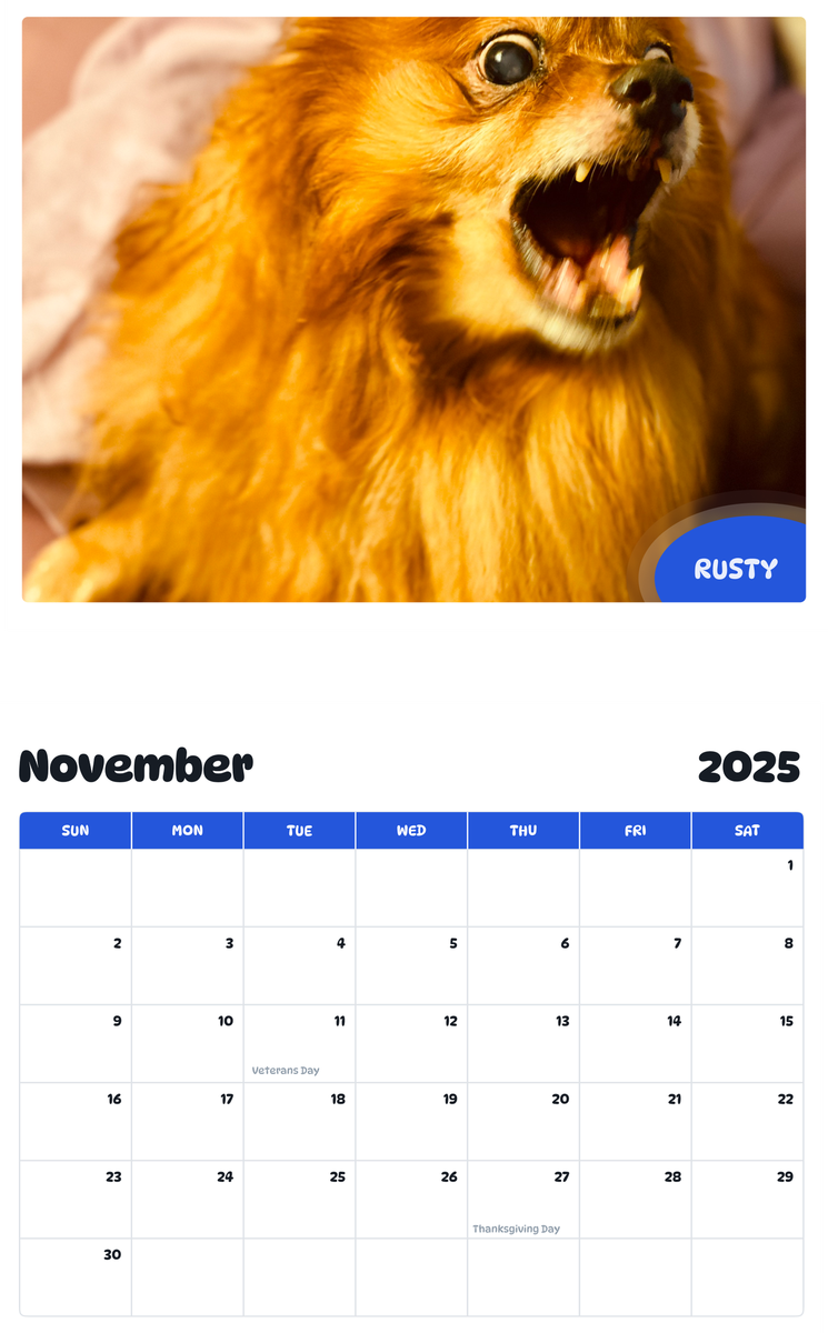 July 2025 - June 2026 Rusty - Pawidols Pet Calendar