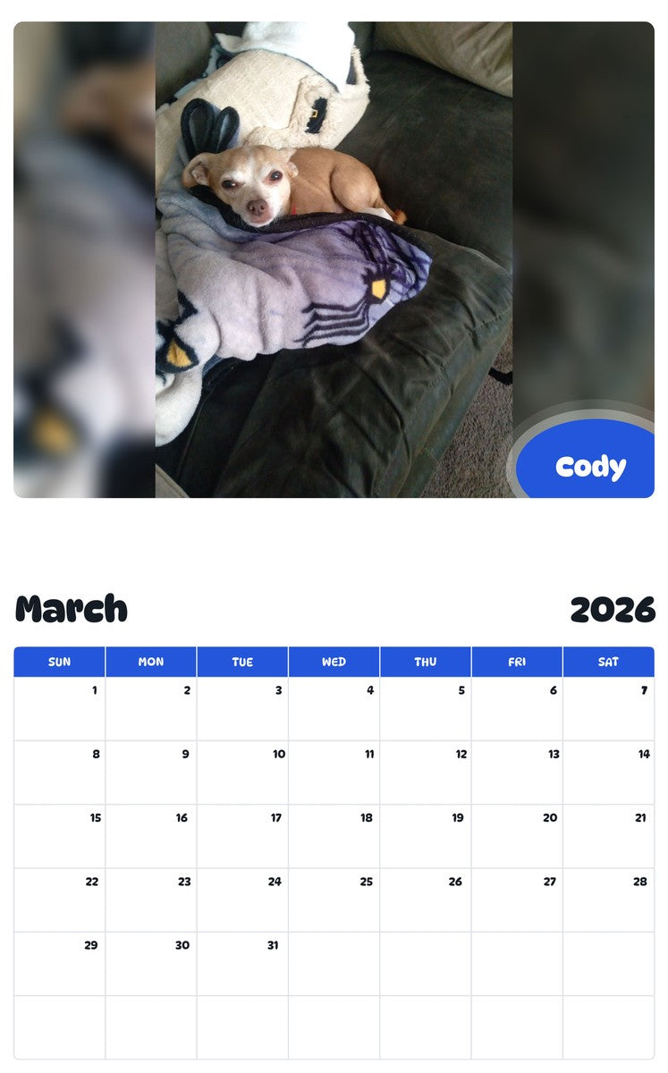 November 2025 - October 2026 Cody - Pawidols Pet Calendar