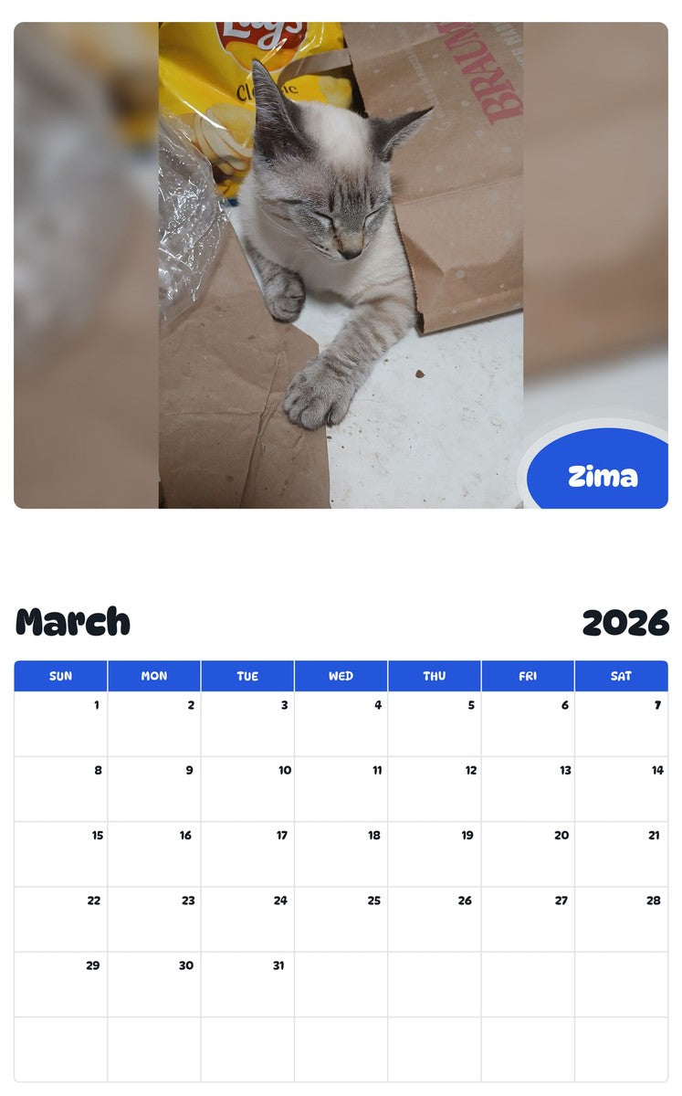 November 2025 - October 2026 Zima - Pawidols Pet Calendar