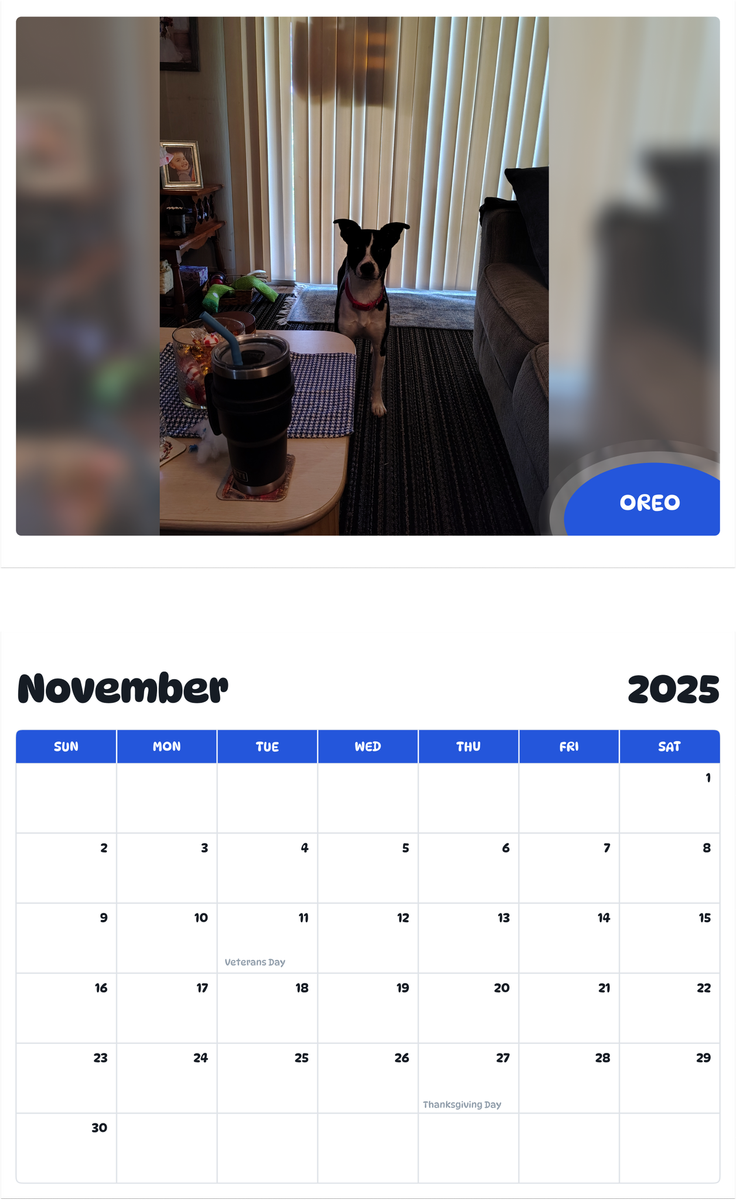 July 2025 - June 2026 Oreo - Pawidols Pet Calendar