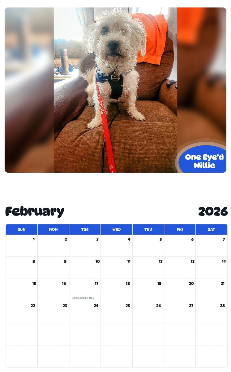 October 2025 - September 2026 One Eye'd Willie - Pawidols Pet Calendar