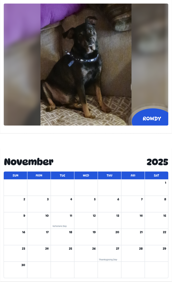 July 2025 - June 2026 Rowdy - Pawidols Pet Calendar