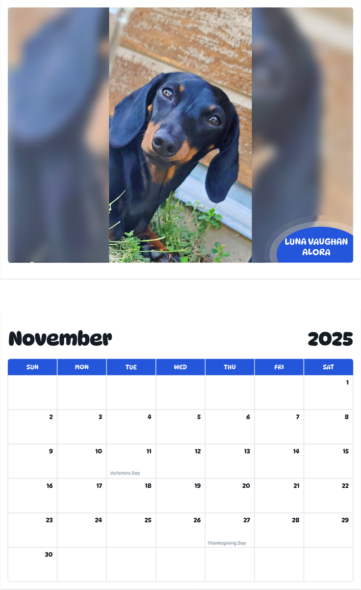 July 2025 - June 2026 Luna Vaughan Alora - Pawidols Pet Calendar