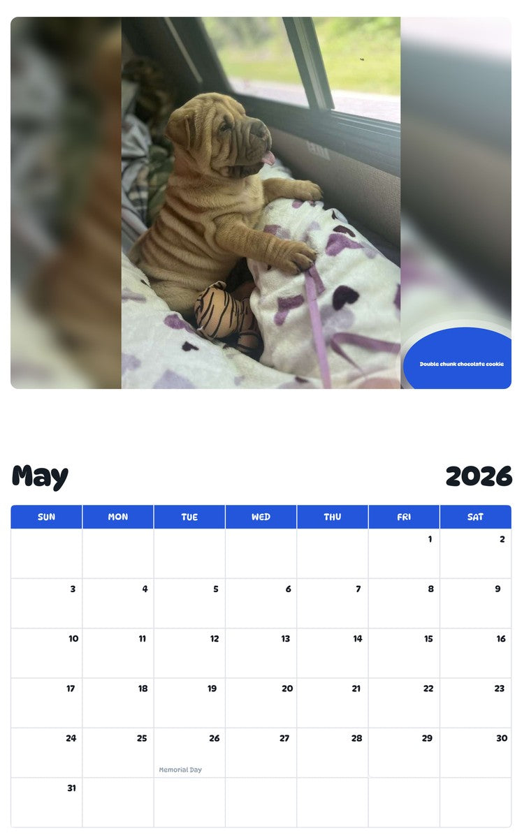 2026 - 2027 Double chunk chocolate cookie - Pawidols Pet Calendar