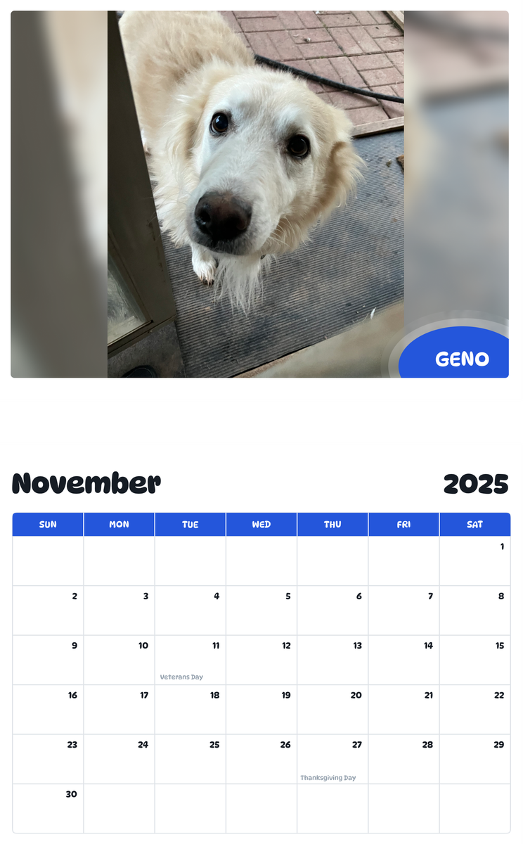 July 2025 - June 2026 Geno - Pawidols Pet Calendar