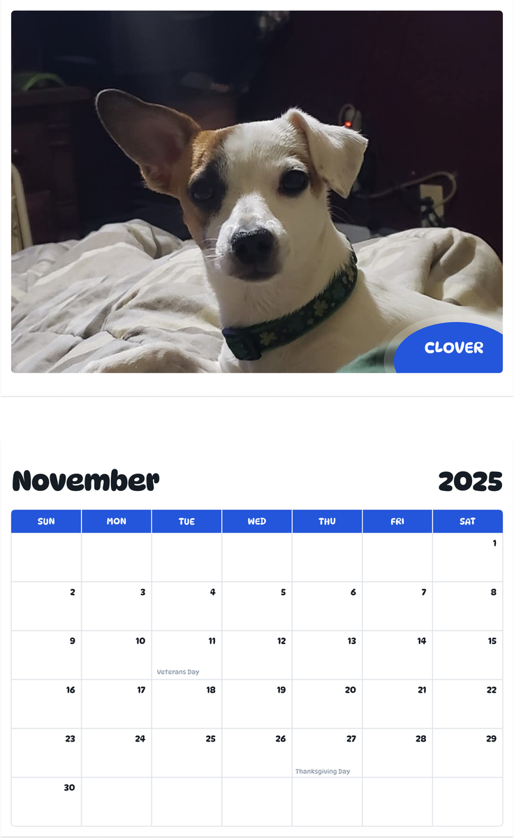 July 2025 - June 2026 Clover - Pawidols Pet Calendar