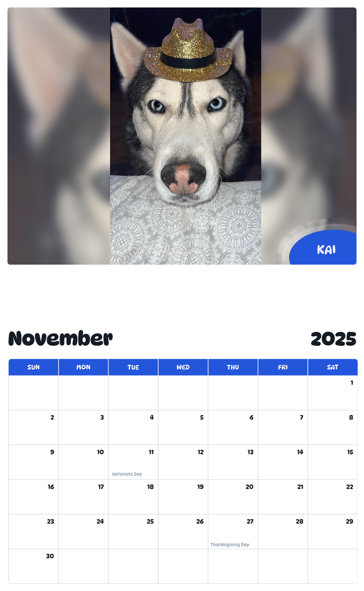 July 2025 - June 2026 Kai - Pawidols Pet Calendar