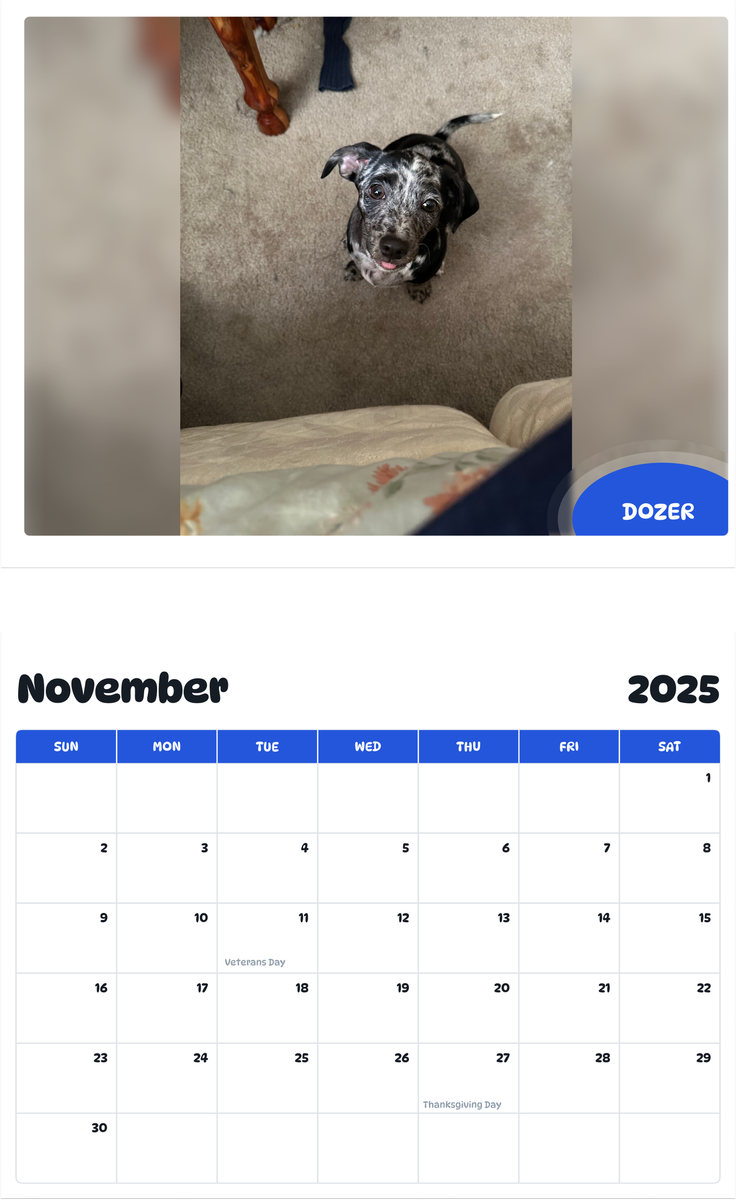 July 2025 - June 2026 Dozer - Pawidols Pet Calendar