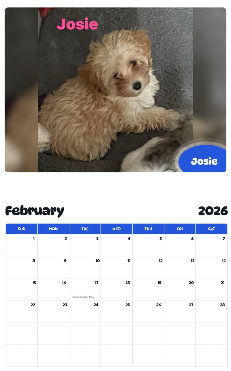 October 2025 - September 2026 Josie - Pawidols Pet Calendar