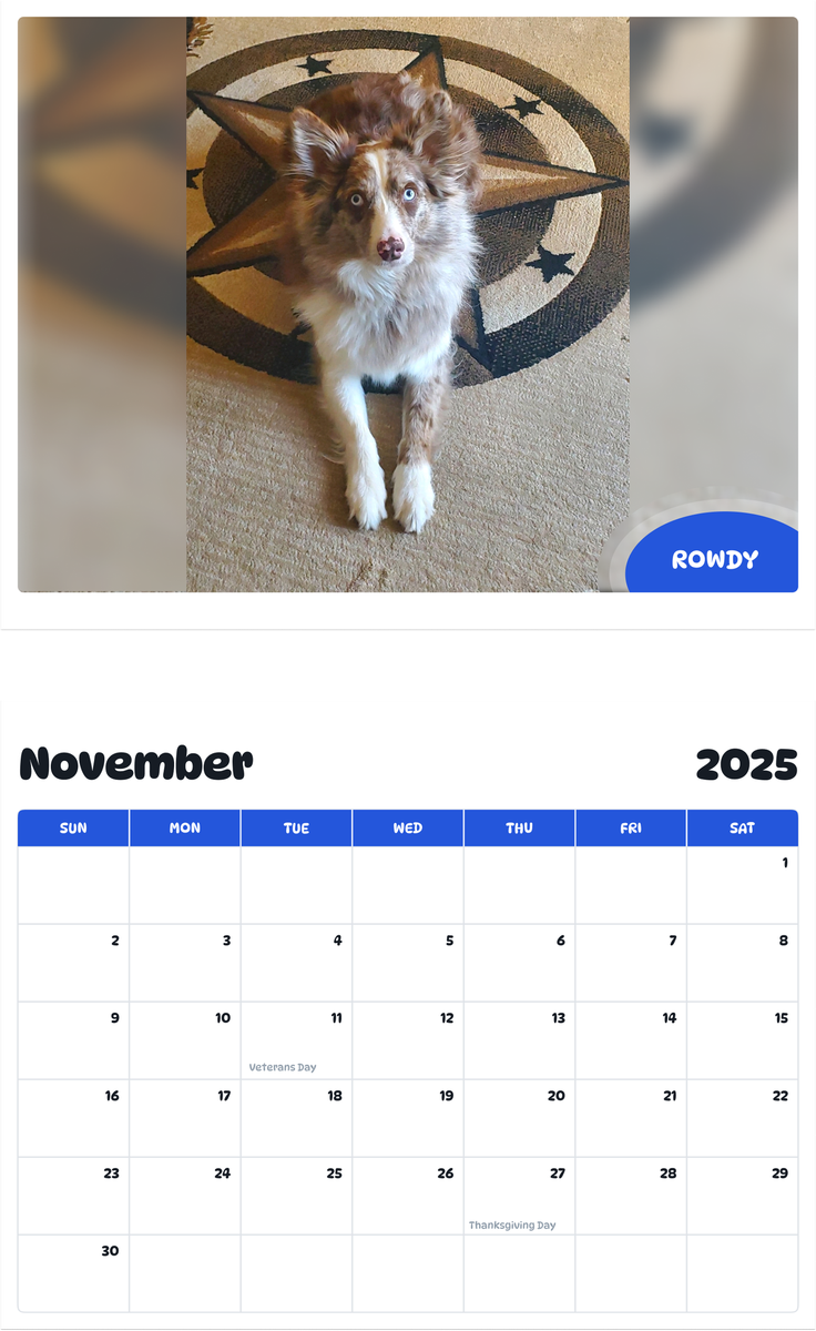 July 2025 - June 2026 Rowdy - Pawidols Pet Calendar