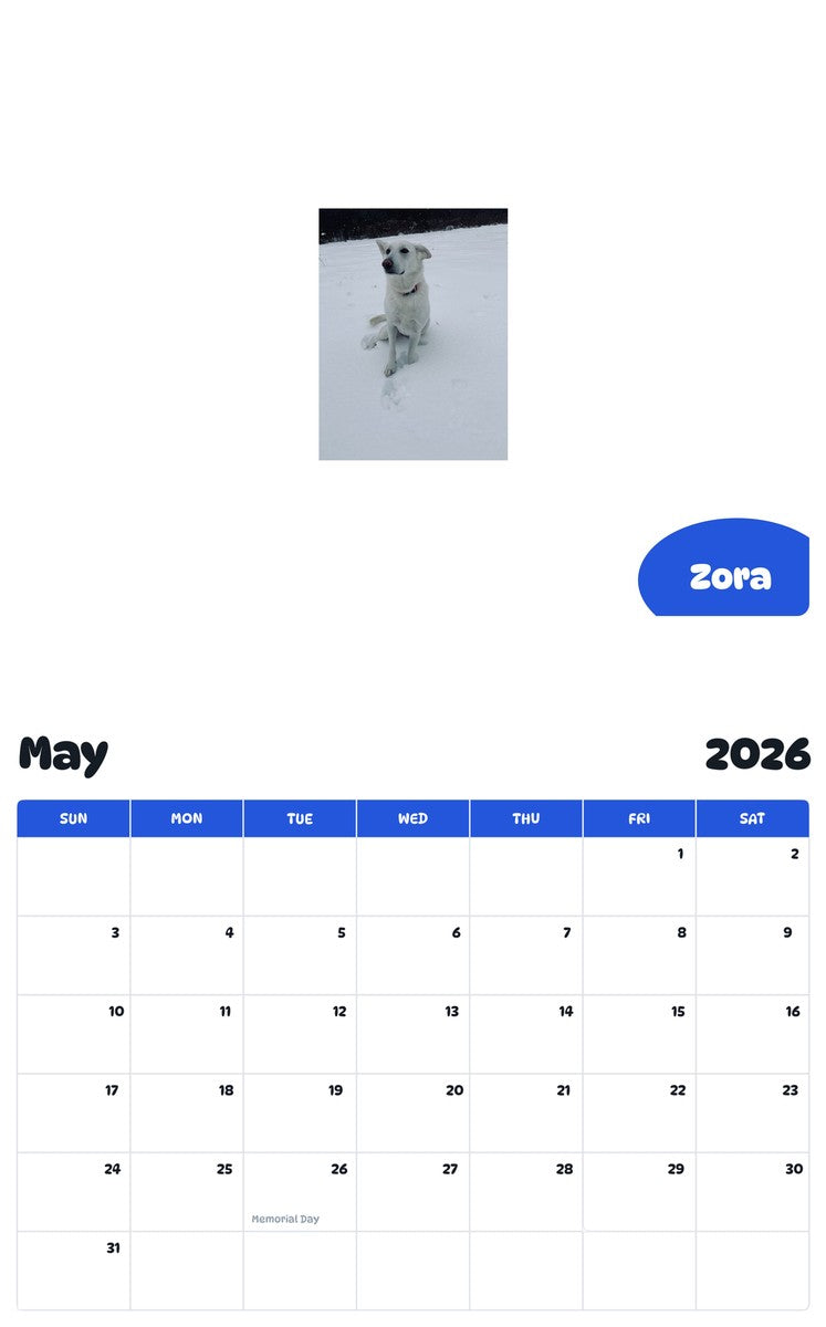 2026 - 2027 Zora - Pawidols Pet Calendar