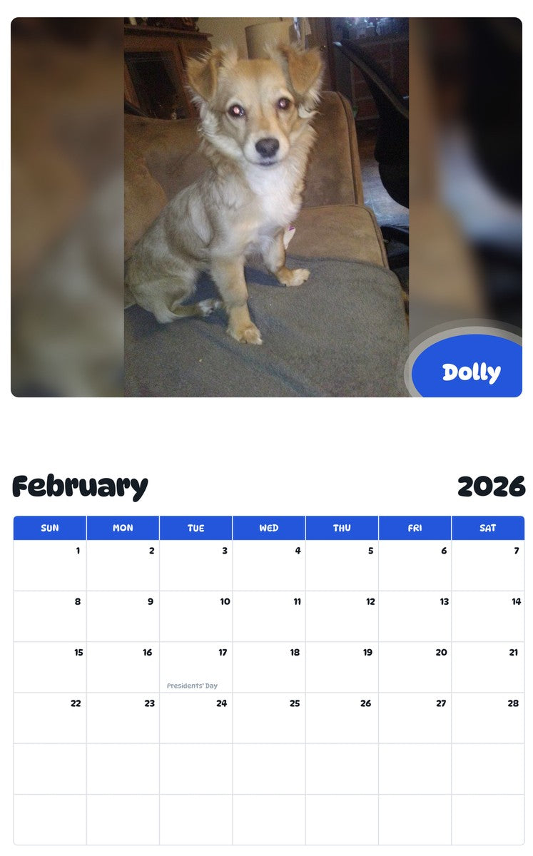 November 2025 - October 2026 Dolly - Pawidols Pet Calendar