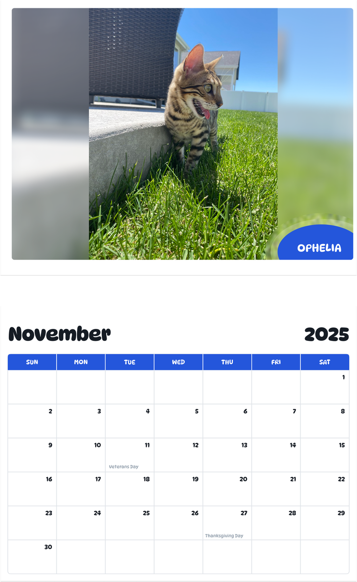 July 2025 - June 2026 Ophelia - Pawidols Pet Calendar