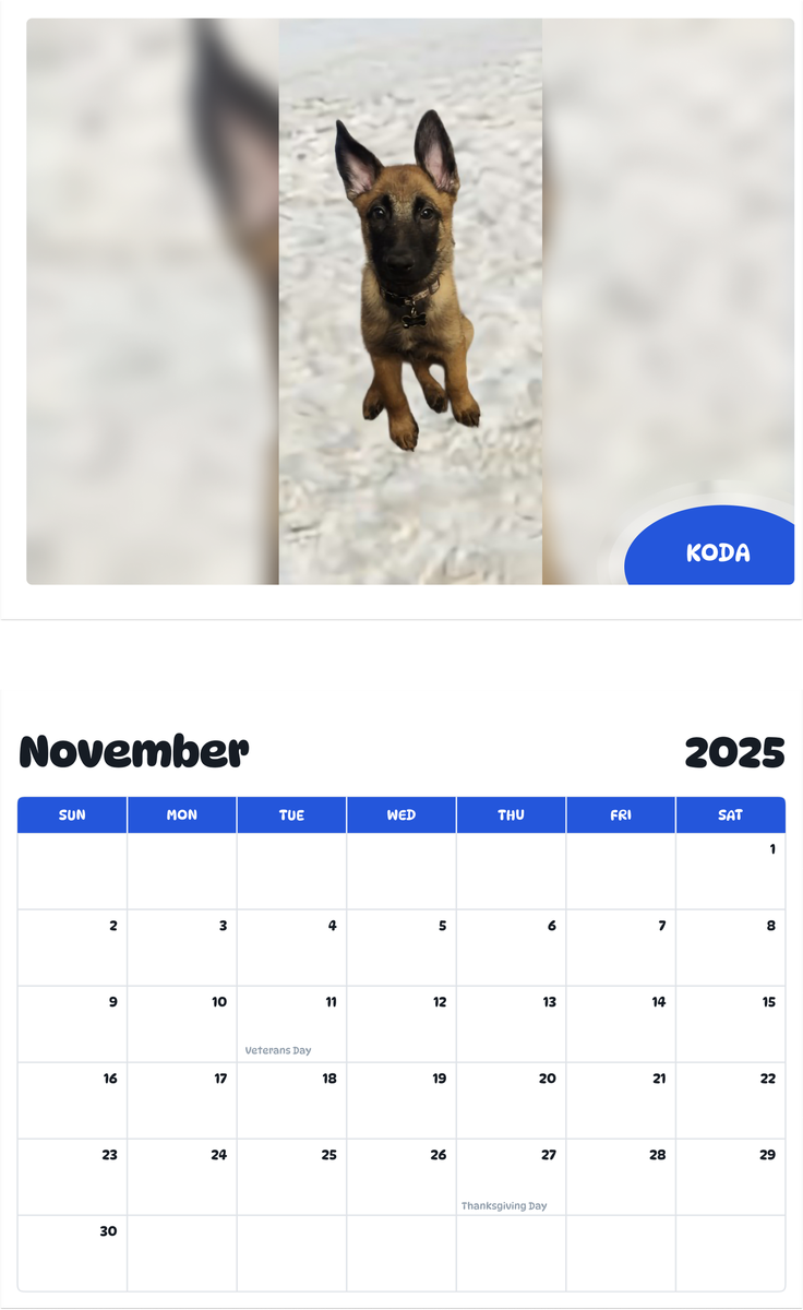 July 2025 - June 2026 Koda - Pawidols Pet Calendar