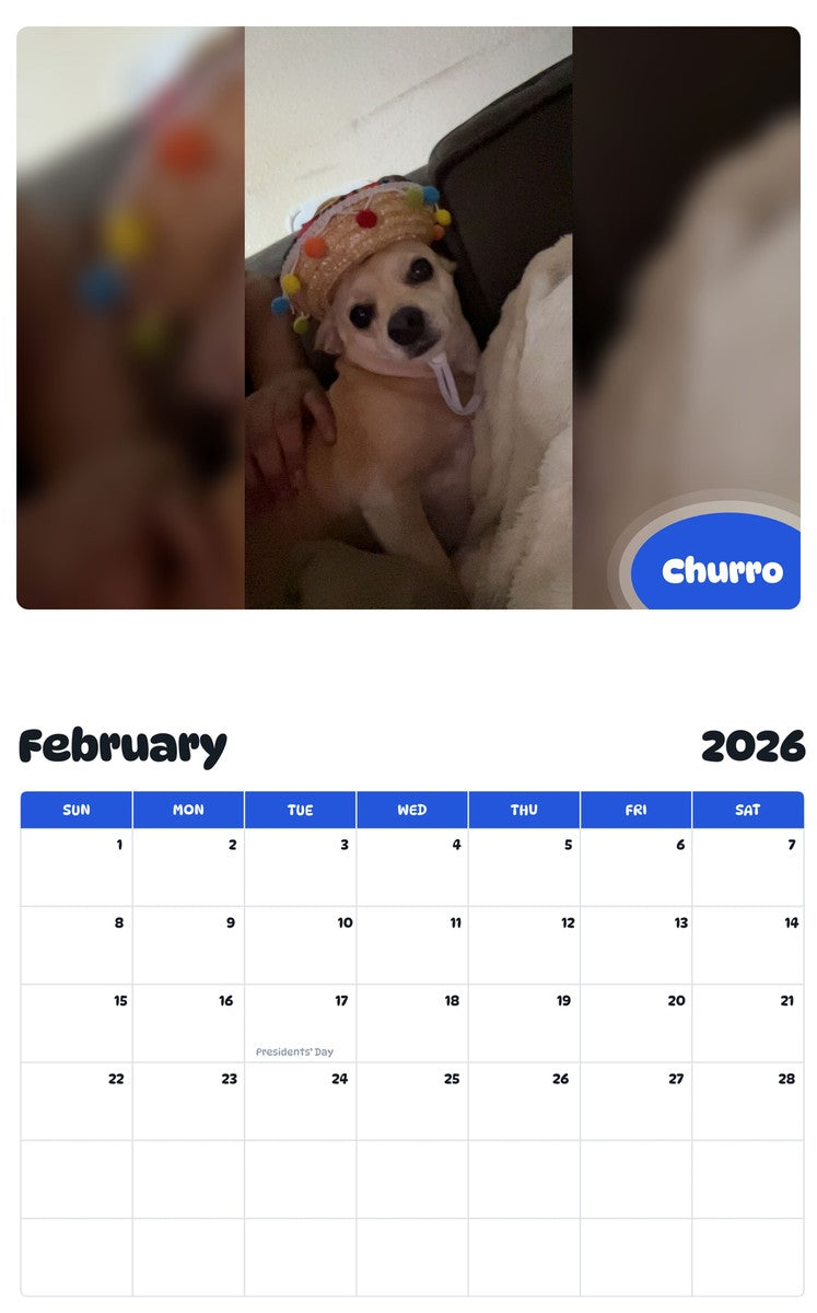 November 2025 - October 2026 Churro - Pawidols Pet Calendar