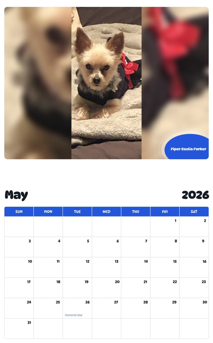 2026 - 2027 Piper Ceclia Parker - Pawidols Pet Calendar