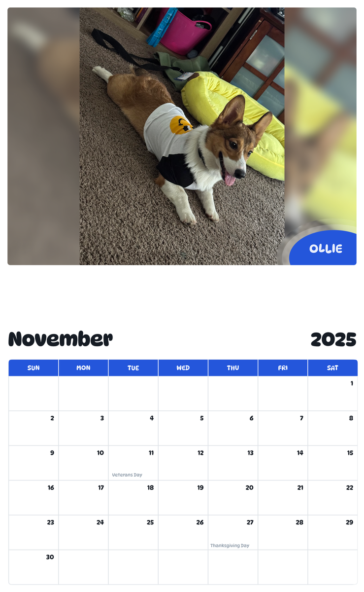 July 2025 - June 2026 Ollie - Pawidols Pet Calendar