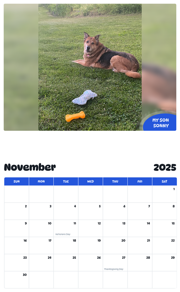 July 2025 - June 2026 My Son Sonny - Pawidols Pet Calendar