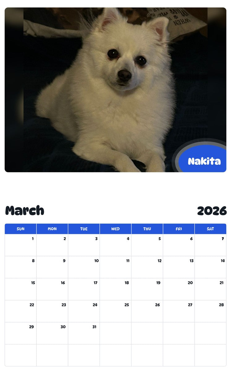 November 2025 - October 2026 Nakita - Pawidols Pet Calendar
