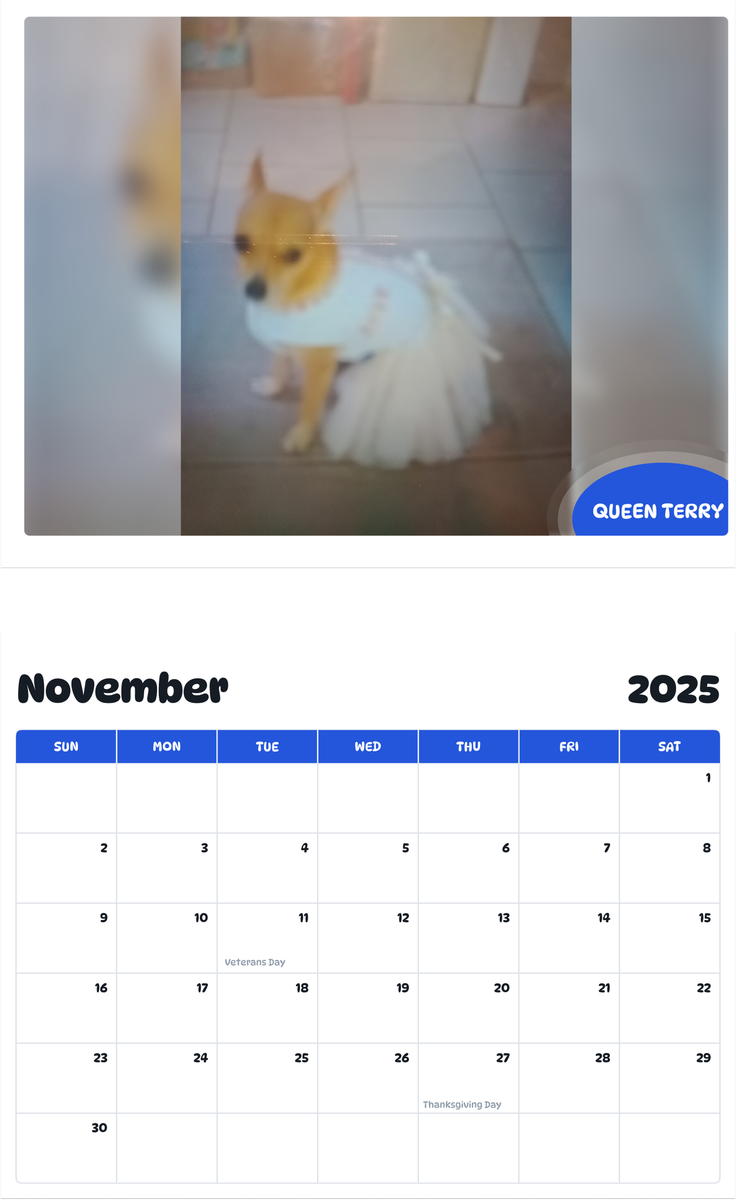 July 2025 - June 2026 Queen Terry - Pawidols Pet Calendar