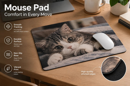 Custom pet mouse pad: smooth tracking, durable surface, non-slip base, vibrant print, stitched edges