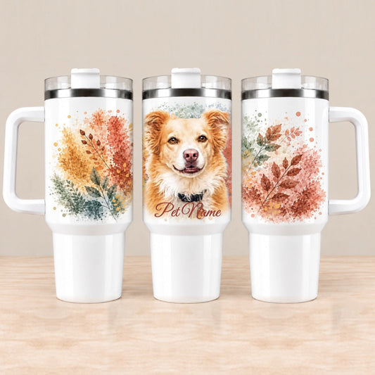 Custom personalized 40oz travel mug with your pet's photo and name